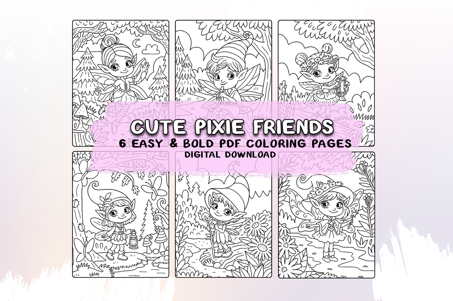 Cute Pixie Friends Coloring Book Digital Download