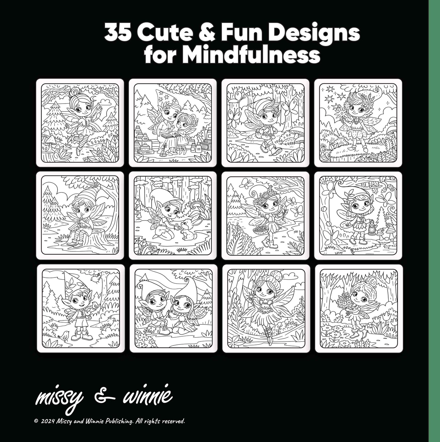 Cute Pixie Book Back Cover which has 35 Cute and Fun Designs for Mindfulness by Missy and Winnie.